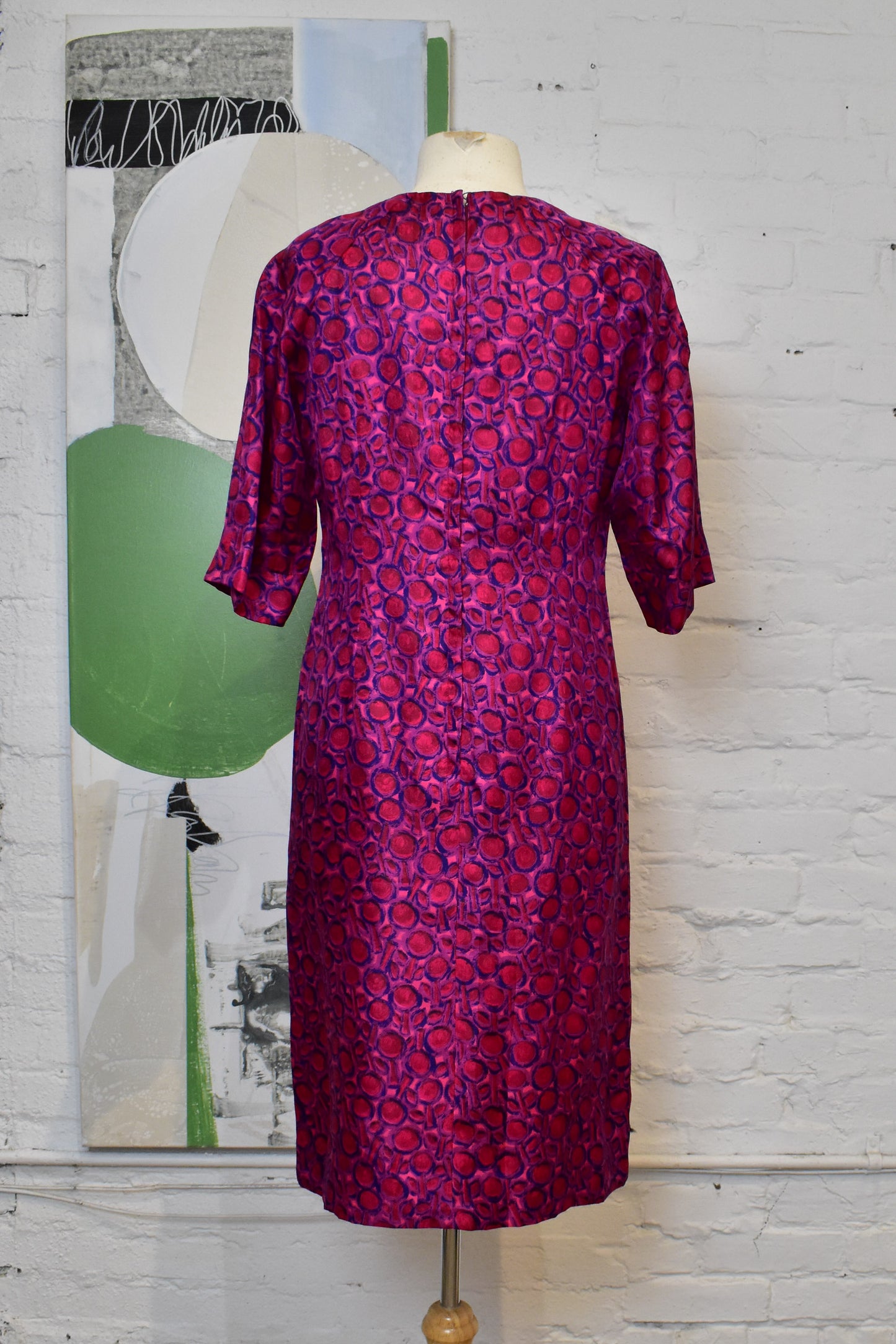 Vintage 1960s "Gurstelle" Abstract Pink and Purple Silk Wiggle Dress