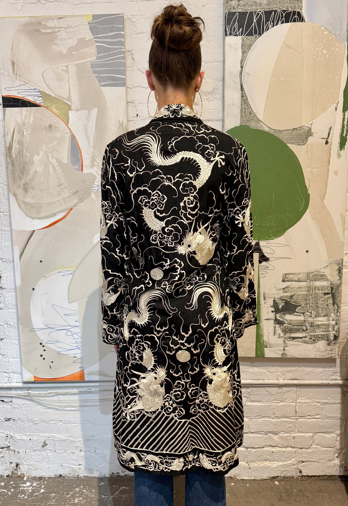 Antique Black and White Silk Embroidered Dragon Robe Jacket