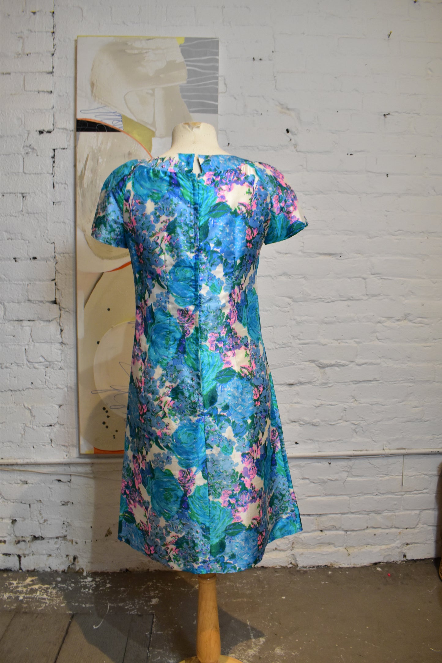 Vintage 1960's Blue and Pink Floral Silk Dress