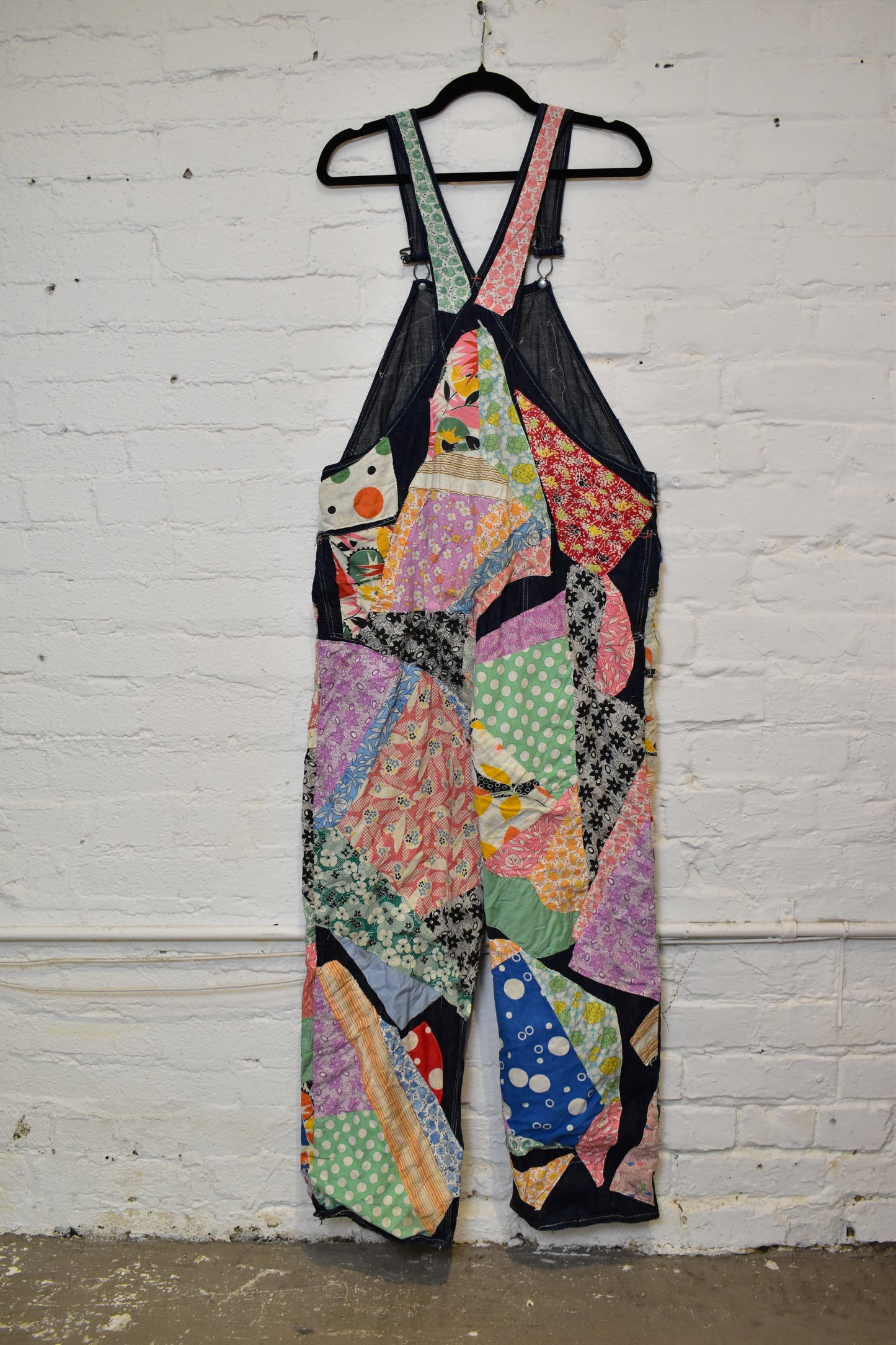 Vintage 1950s Darkwash Denim Overalls W/Patchwork Feedsack Fabric
