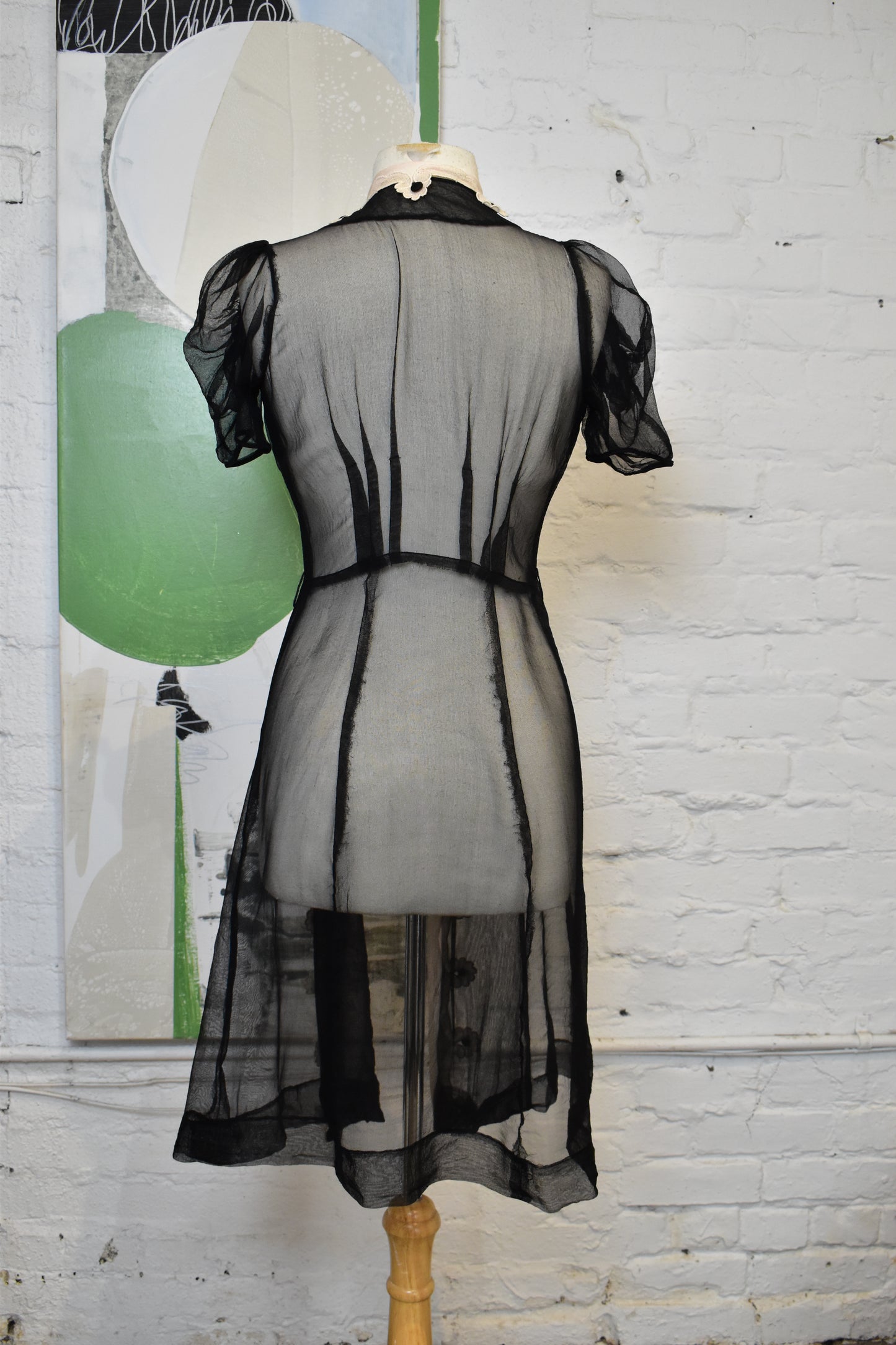 Vintage 1940's Black & White Sheer Mesh Floral Robe