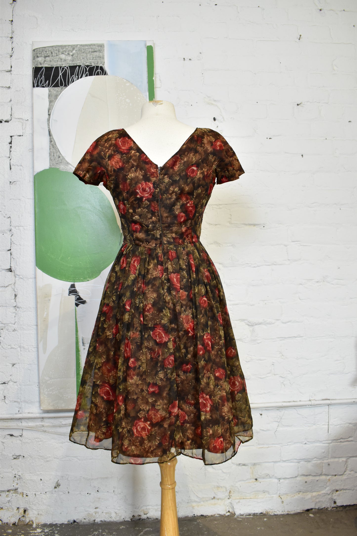 Vintage 1960s Brown Floral Chiffon Party Dress