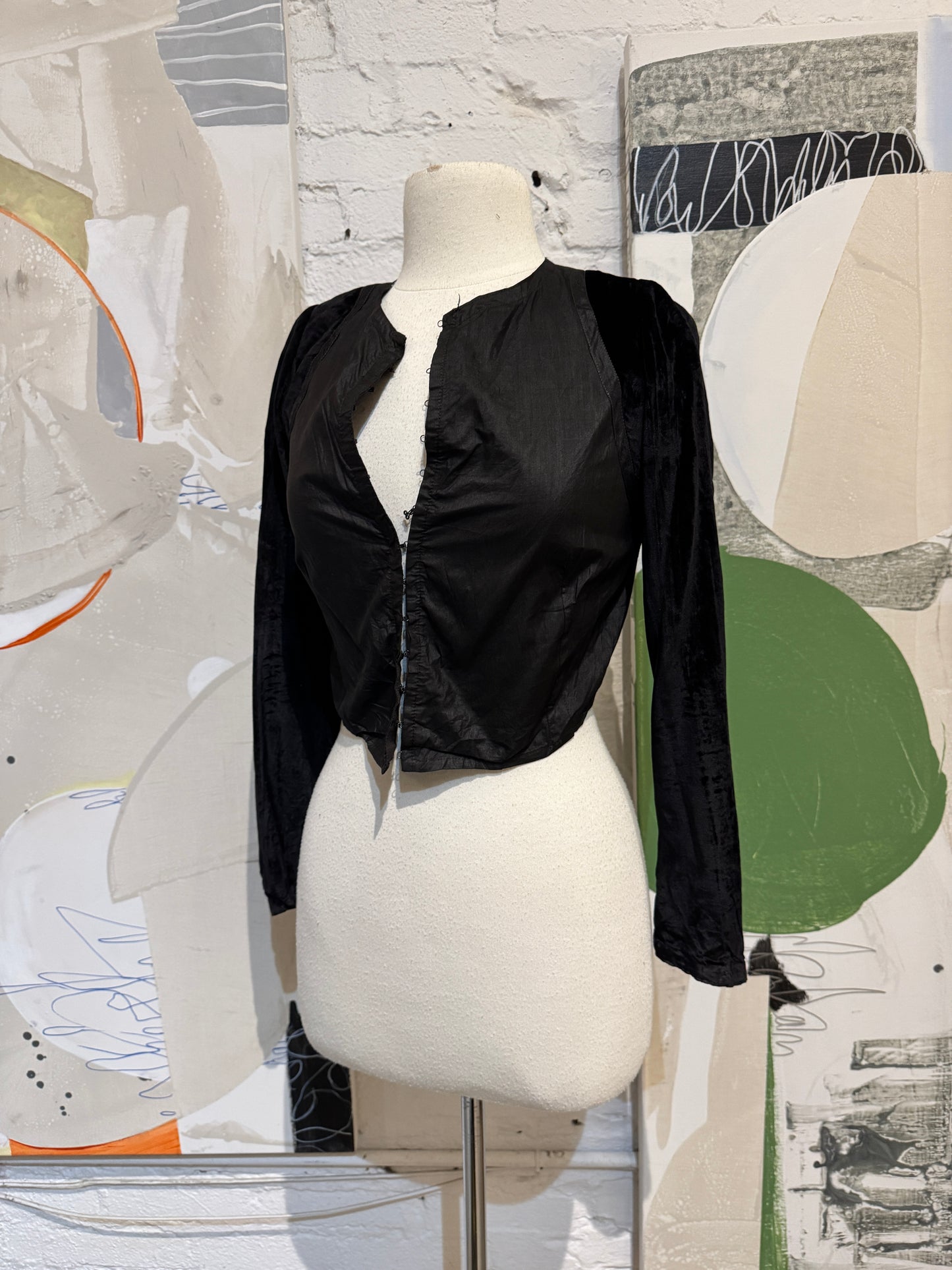 Antique Black Cotton and Velvet Bodice Blouse