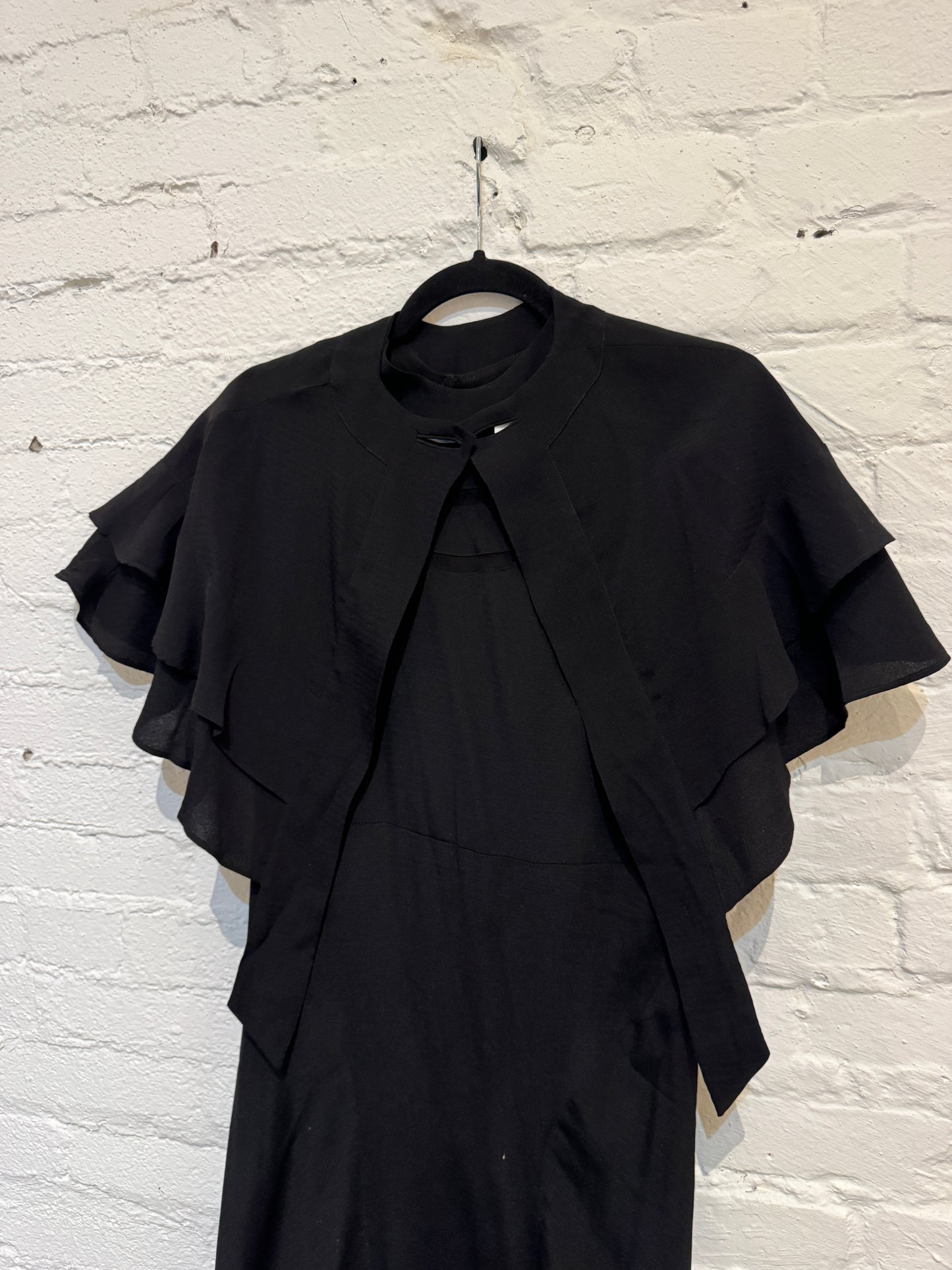 Vintage 1930s Formal Black Crepe Dress with Capelet and Belt