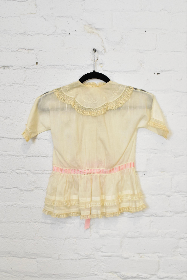 Antique 1910s Sheer Lace Dressing Jacket With Pink Ribbon Trim