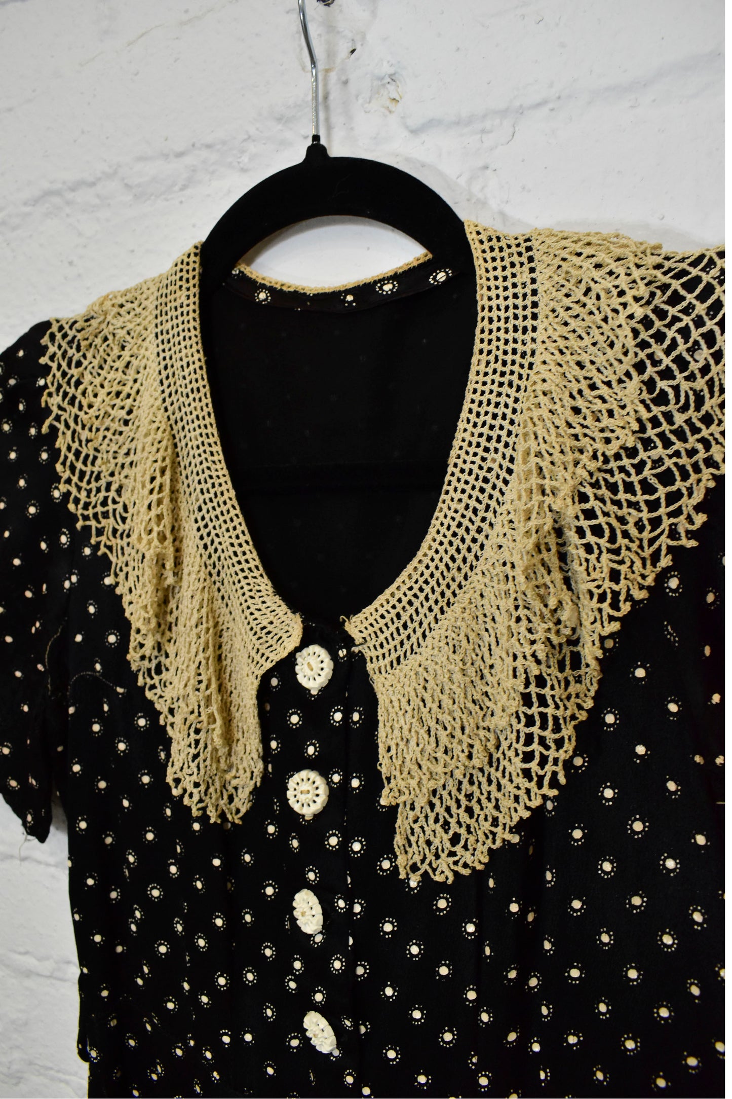 Vintage 1930s Black Satin With Crochet Collar Shirt Dress