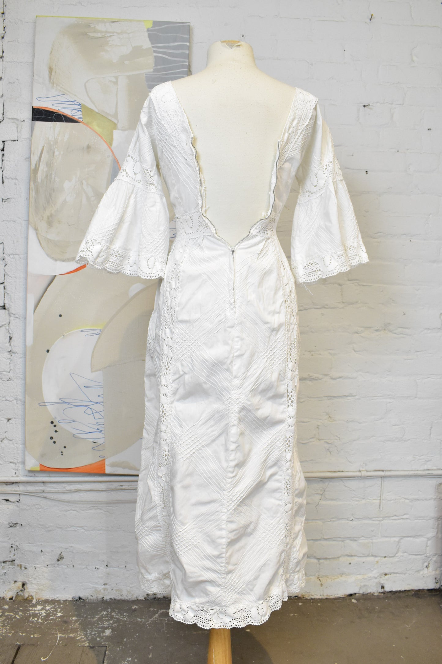 Vintage 1960s White Cotton Lace Pintuck Mexican Dress