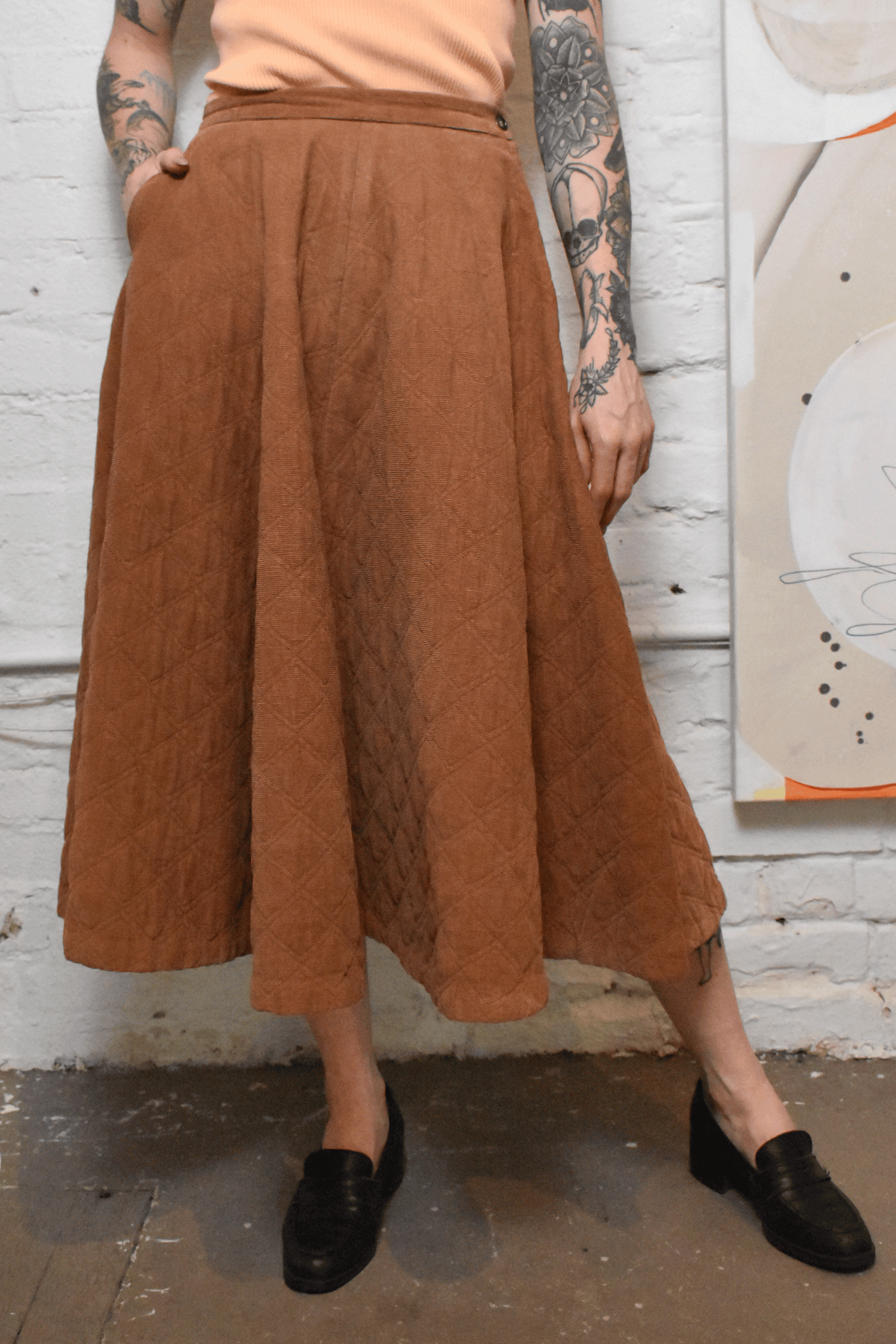 Vintage 1950s "Tailor Maid Sportswear by Kay- Dee" Caramel Quilted Skirt