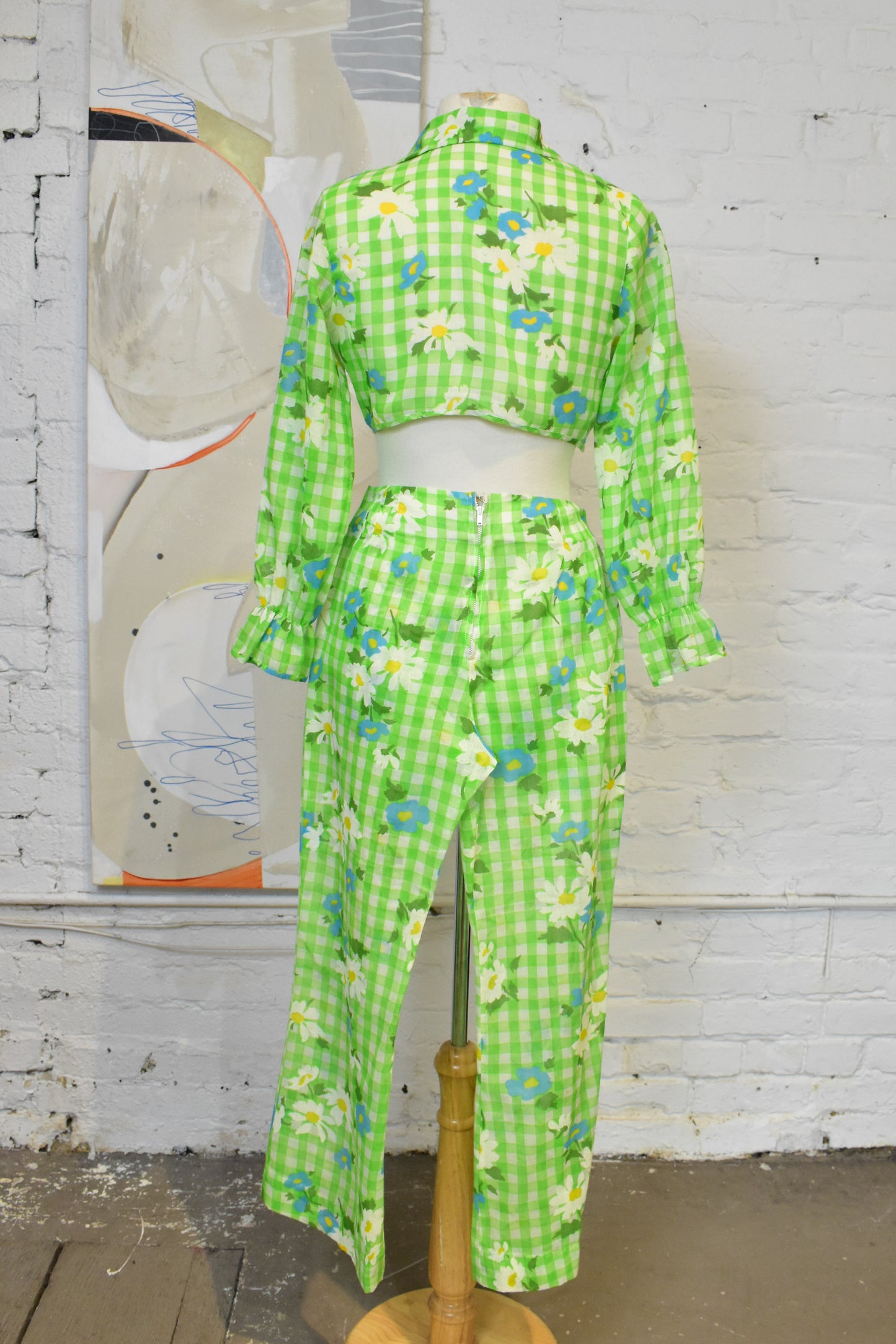Vintage 1960s Green Gingham Floral Tied Crop Top Flared Pant Set