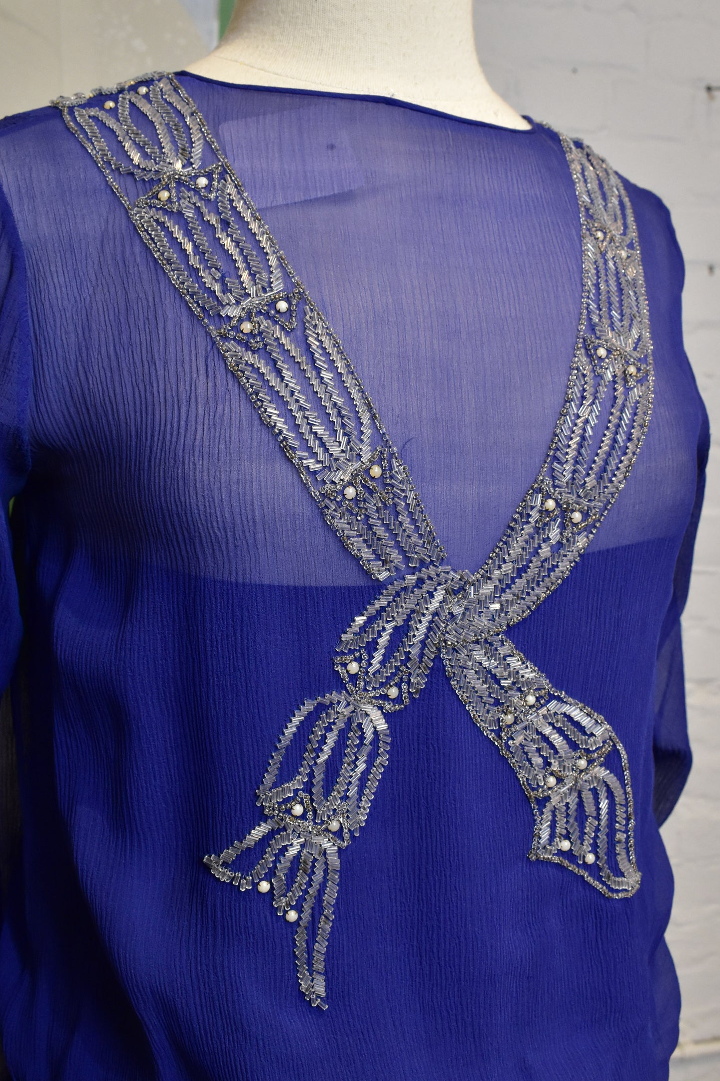 Vintage 1920's Cobalt Blue Novelty Beaded Bow Silk Party Dress