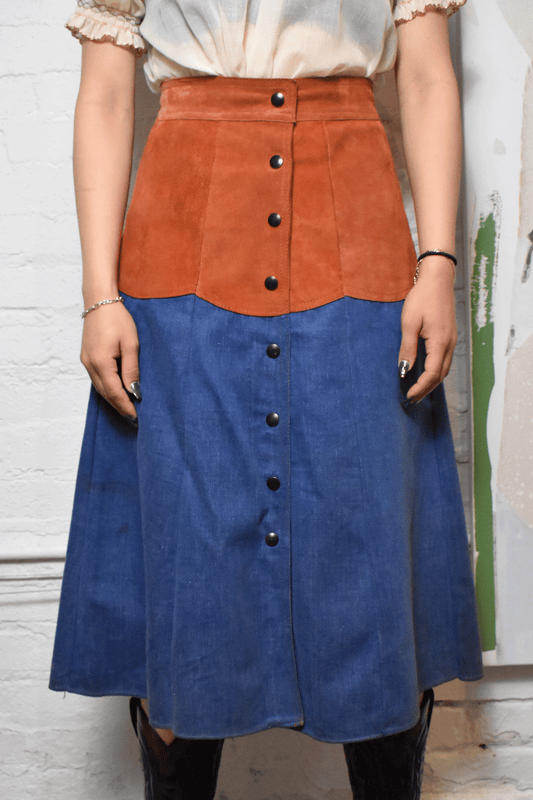 Vintage 1970s Burn Orange Suede Leather Denim Skirt