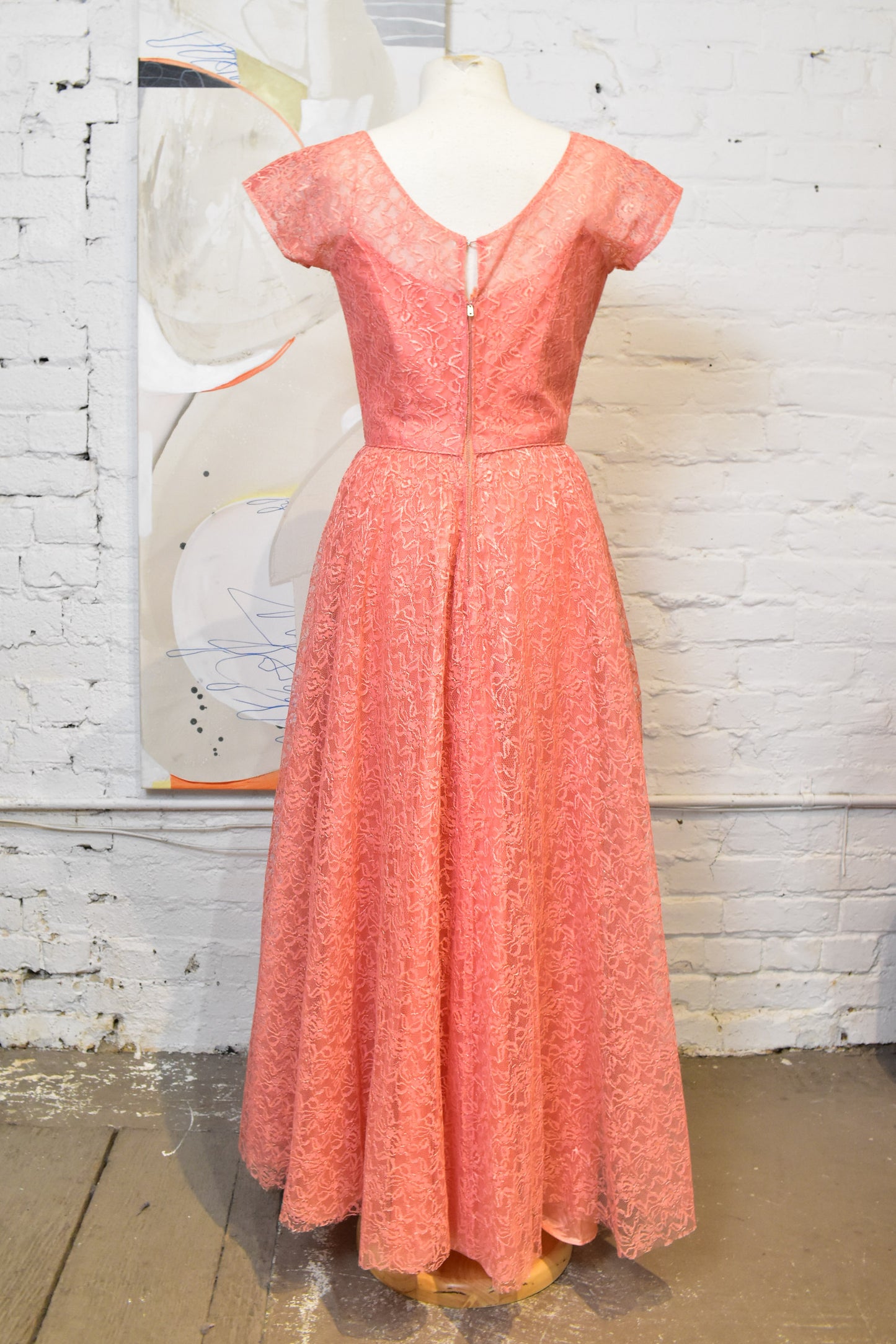 Vintage 1950s Formal Pink Lace Party Gown