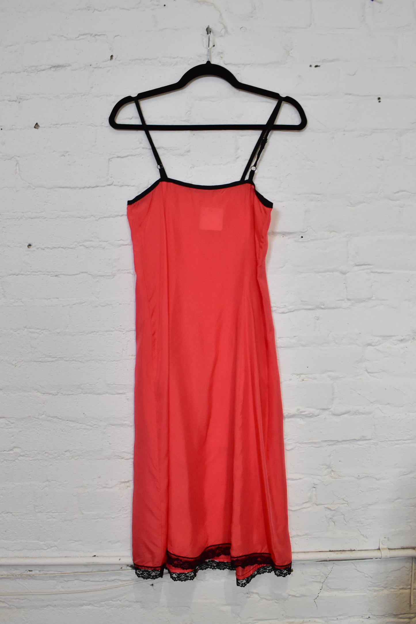 Vintage Bright Pink and Black Silk and Lace Slip