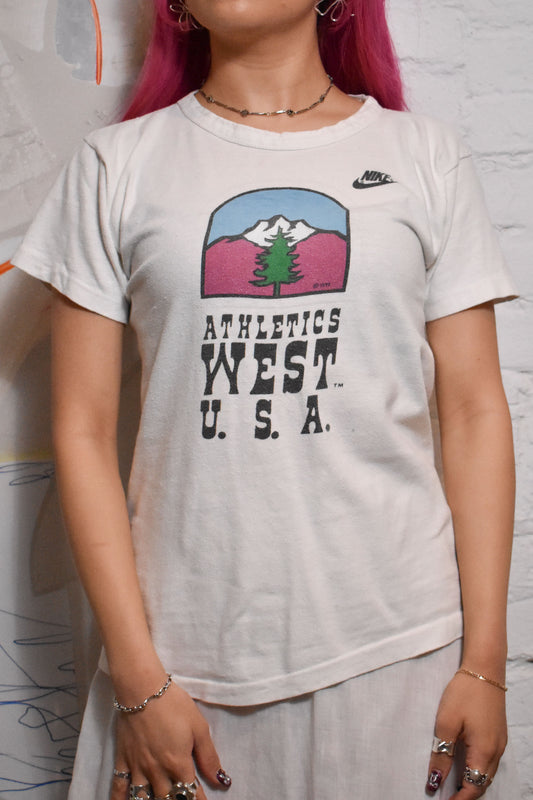 Vintage 1970s "Champion Blue Bar Athletics West USA" T-shirt with Nike Logo