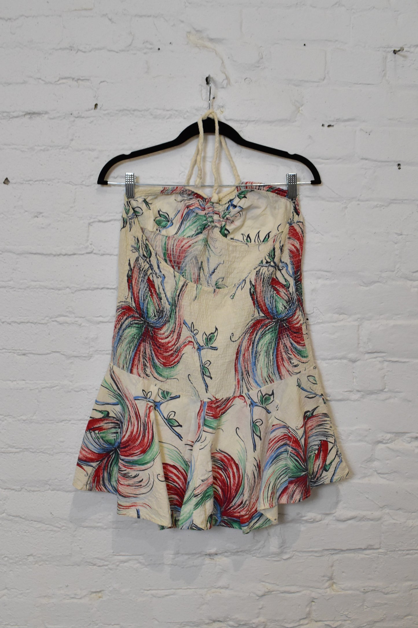 Vintage 1940s Cotton Abstract Floral Bird Halter Vacation Top