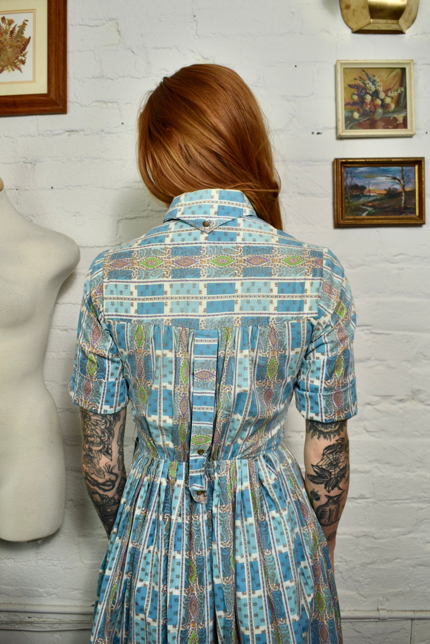 Vintage 50s "Wendy Woods" Blue Patterned Dress