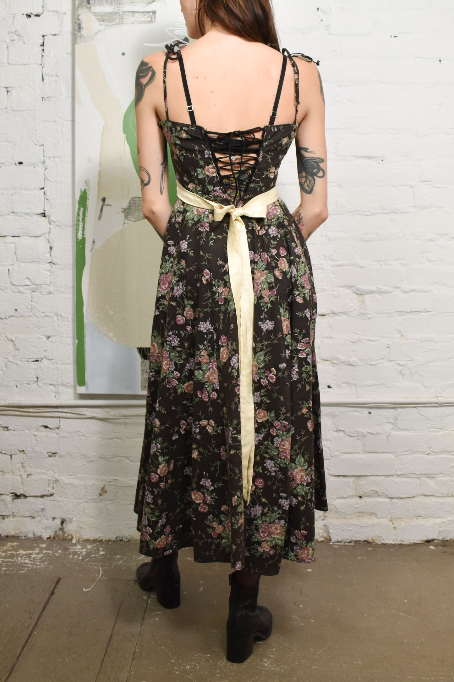 Vintage 80's "Gunne Sax" Black Floral Lace Up Dress