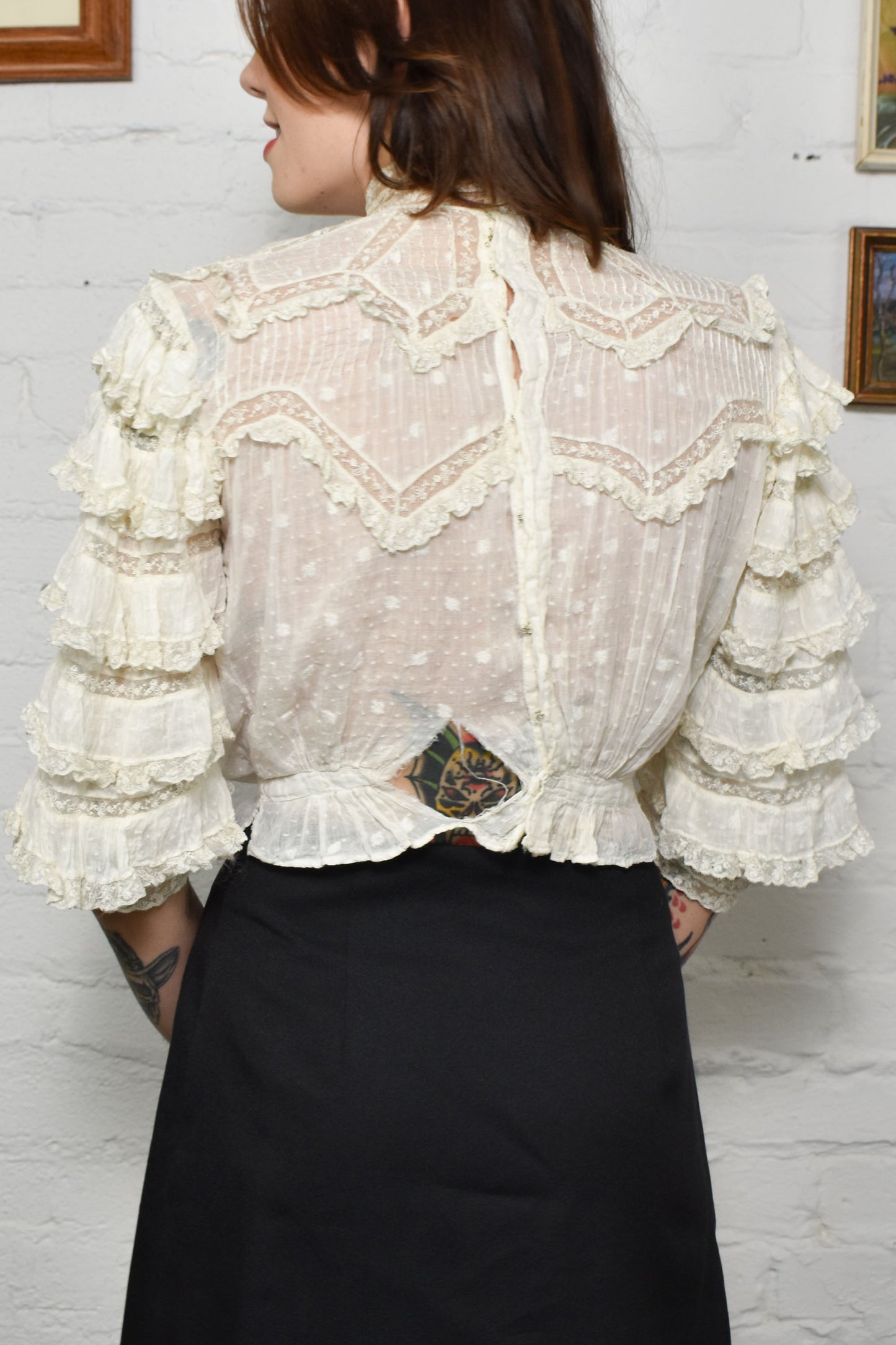Vintage Antique Gauzy Cotton Lace Ruffle Blouse