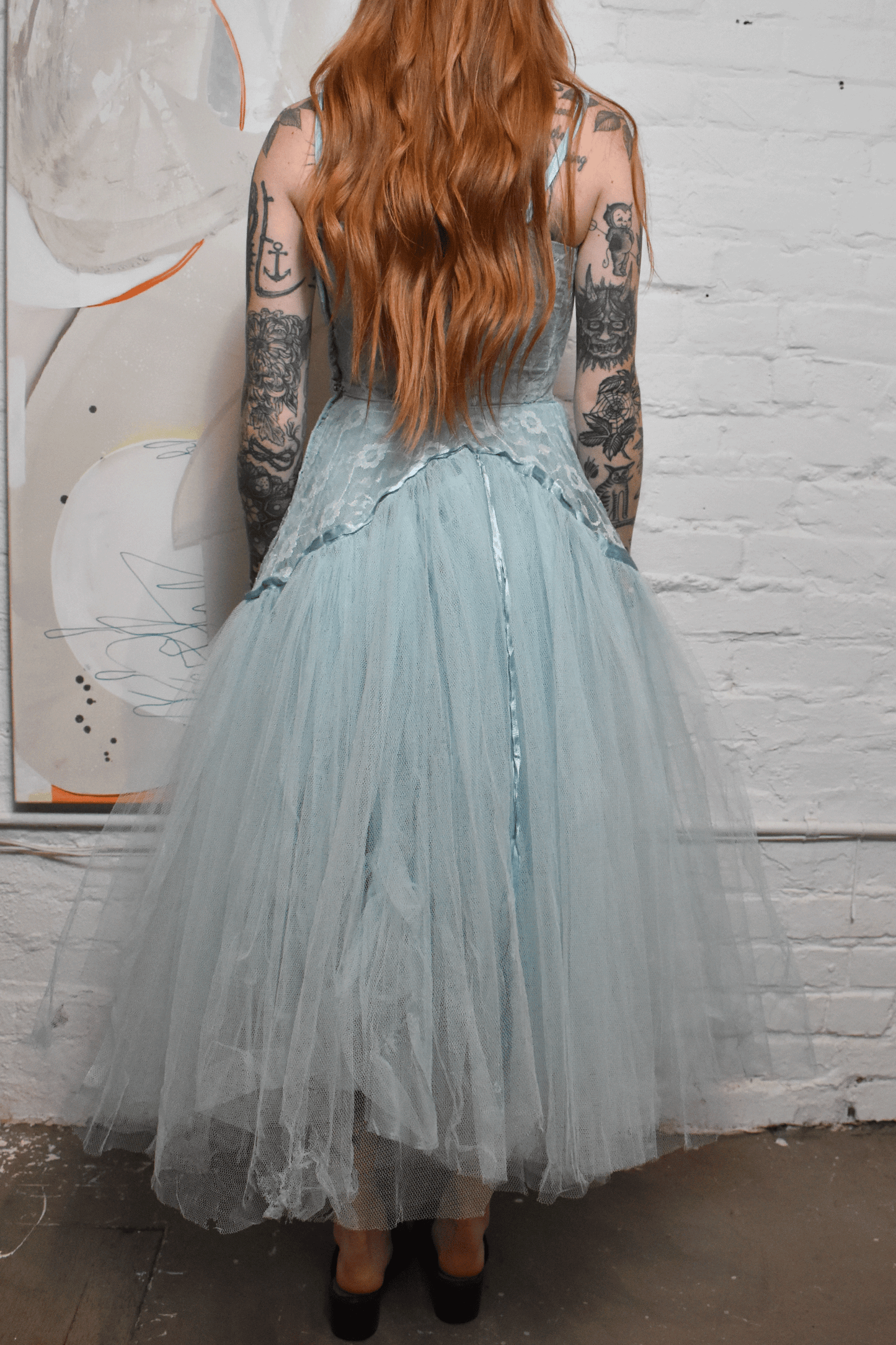 Vintage 1950s Baby Blue Tulle Lace Dress