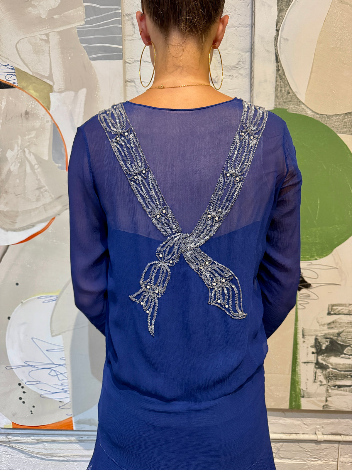 Vintage 1920s Cobalt Silk Beaded Bow Party Dress