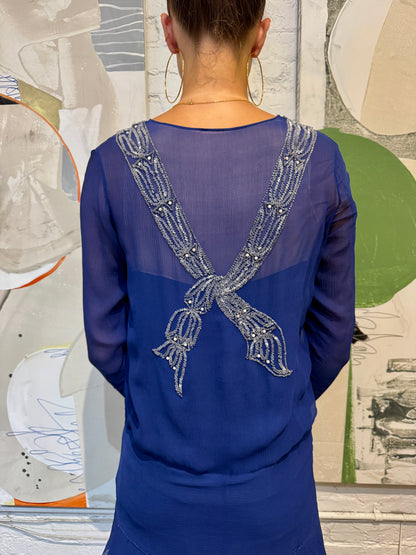 Vintage 1920s Cobalt Silk Beaded Bow Party Dress