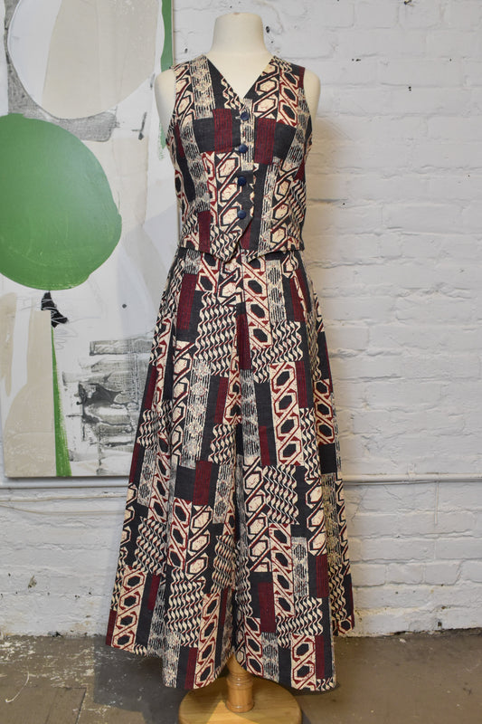 Vintage 1960s Brown Batik Vest and Aline Maxi Skirt Set