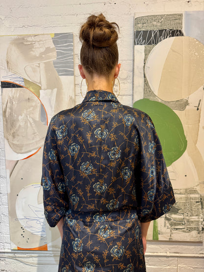 Antique 1920s Blue Botanical Silk Robe