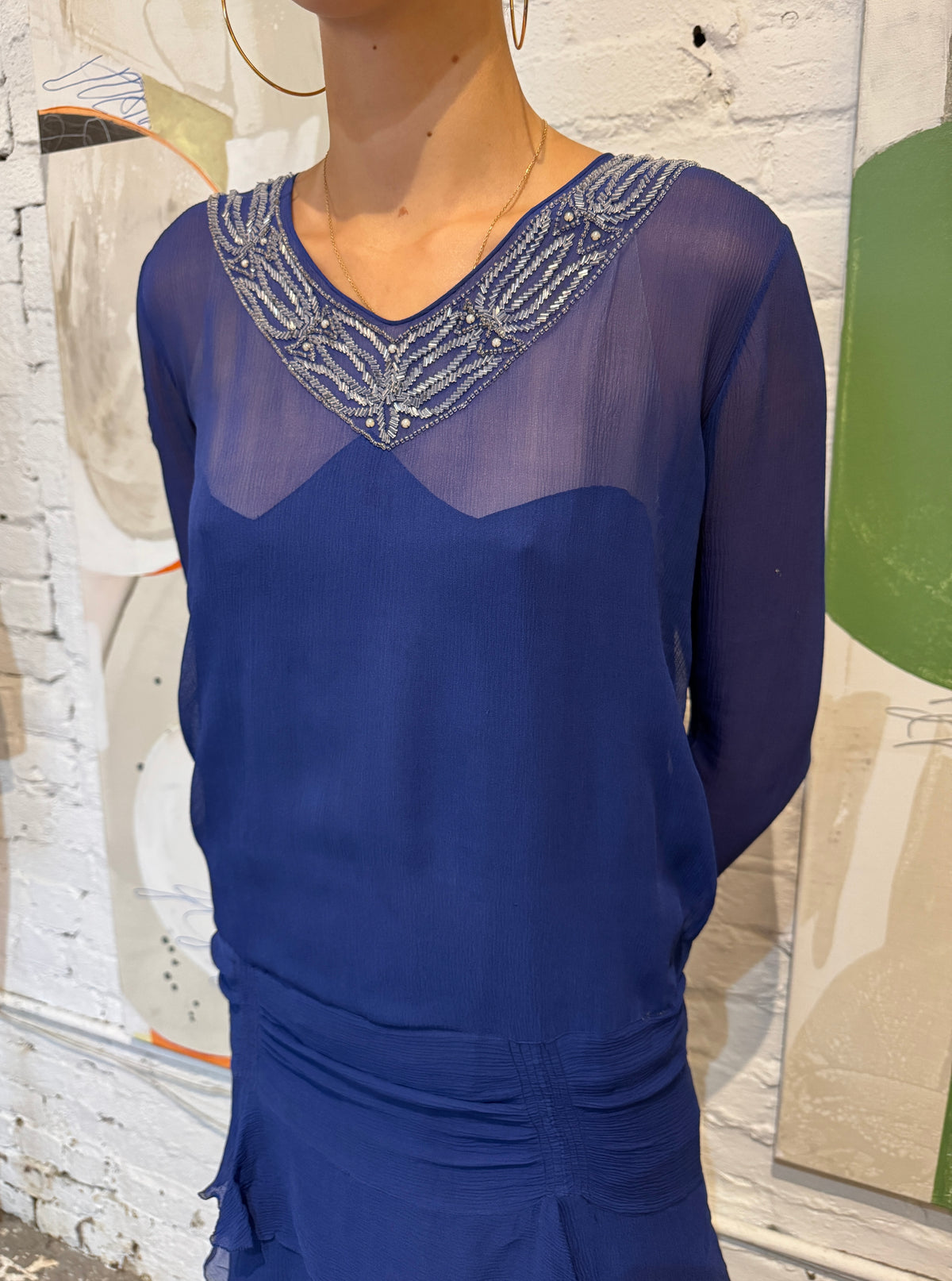 Vintage 1920s Cobalt Silk Beaded Bow Party Dress