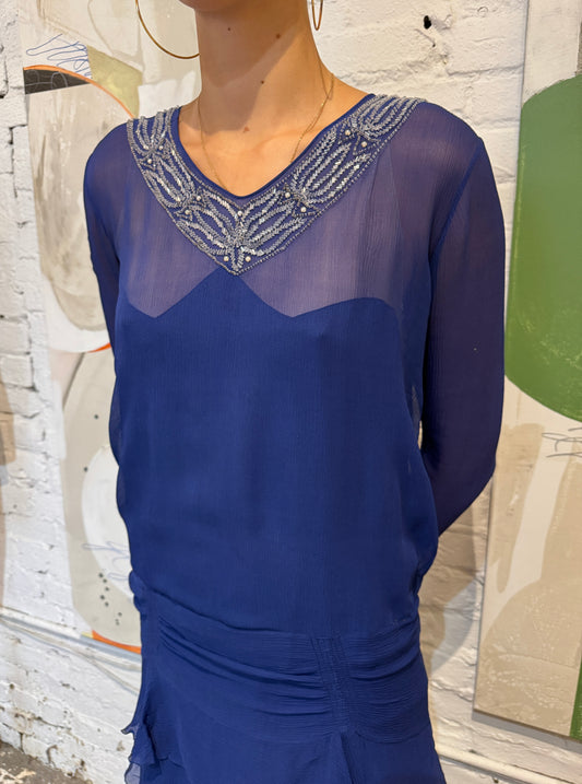 Vintage 1920s Cobalt Silk Beaded Bow Party Dress