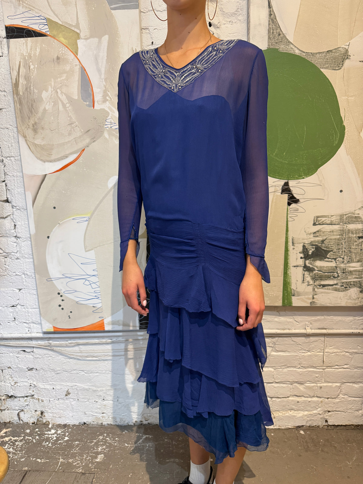 Vintage 1920s Cobalt Silk Beaded Bow Party Dress