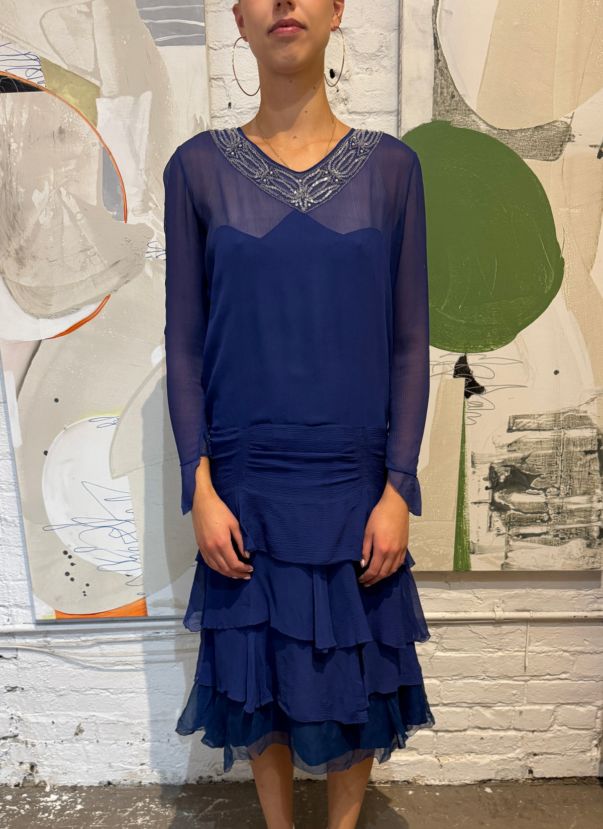 Vintage 1920s Cobalt Silk Beaded Bow Party Dress