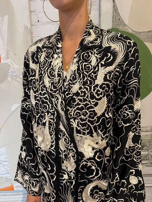 Antique Black and White Silk Embroidered Dragon Robe Jacket