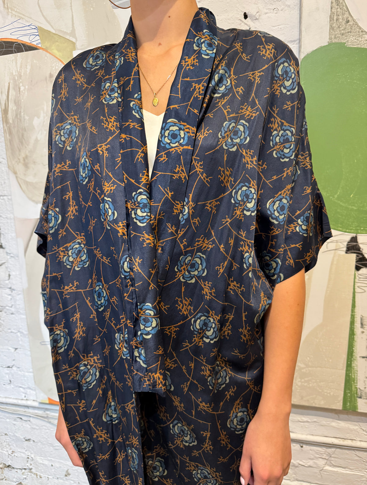 Antique 1920s Blue Botanical Silk Robe
