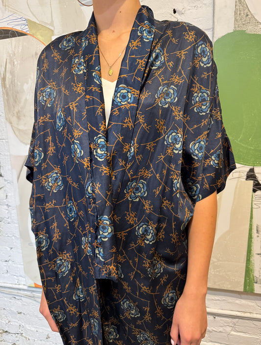 Antique 1920s Blue Botanical Silk Robe