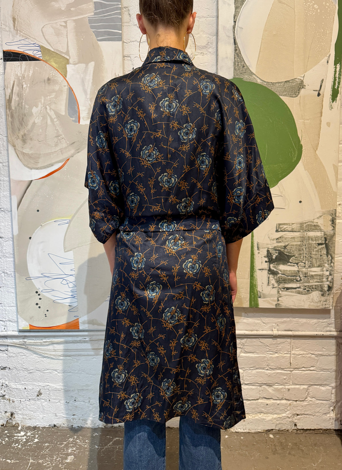 Antique 1920s Blue Botanical Silk Robe