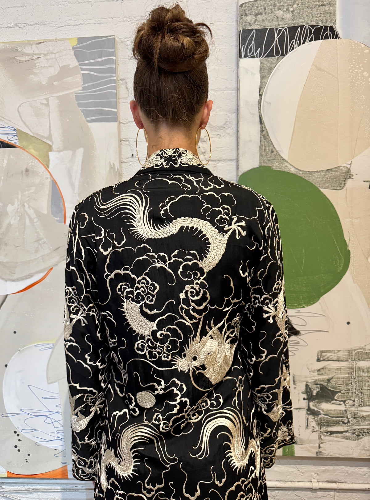 Antique Black and White Silk Embroidered Dragon Robe Jacket