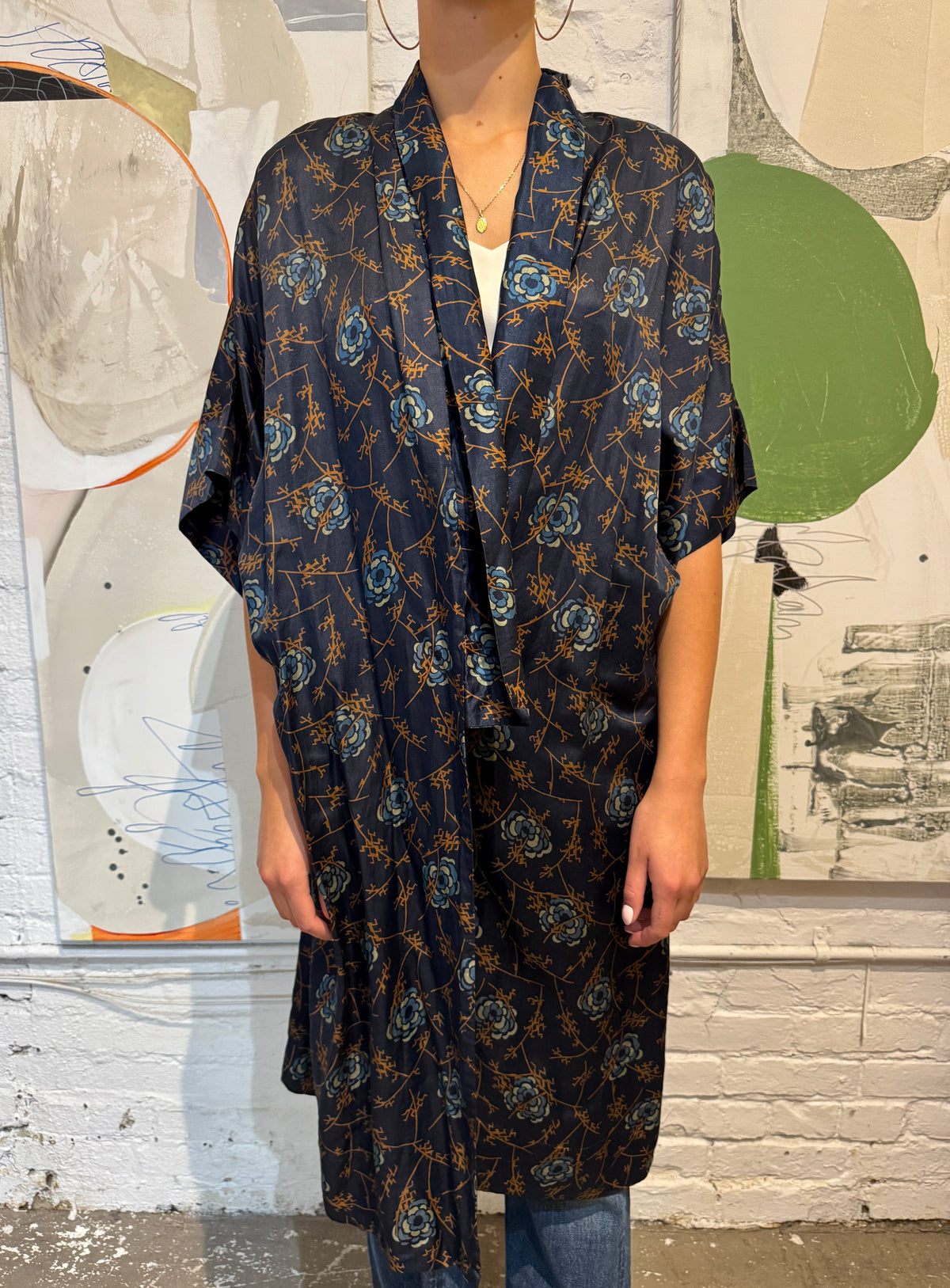 Antique 1920s Blue Botanical Silk Robe