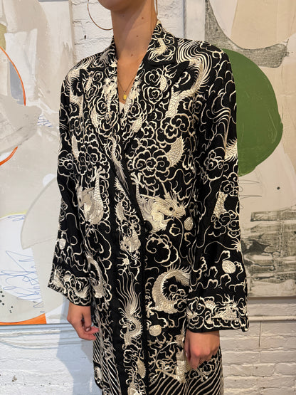 Antique Black and White Silk Embroidered Dragon Robe Jacket