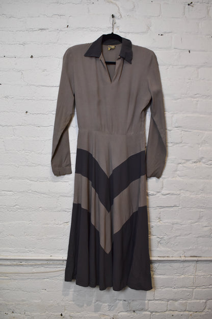 Vintage 1940's "Winfield" Grey Chevron Shirtdress