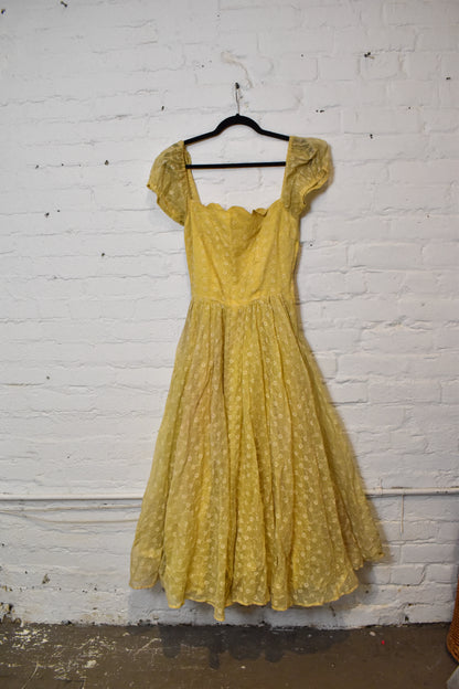 Vintage 1950's Yellow Floral Scalloped Party Dress