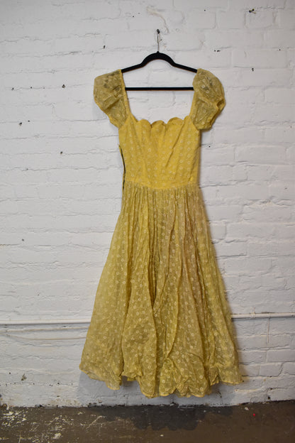Vintage 1950's Yellow Floral Scalloped Party Dress