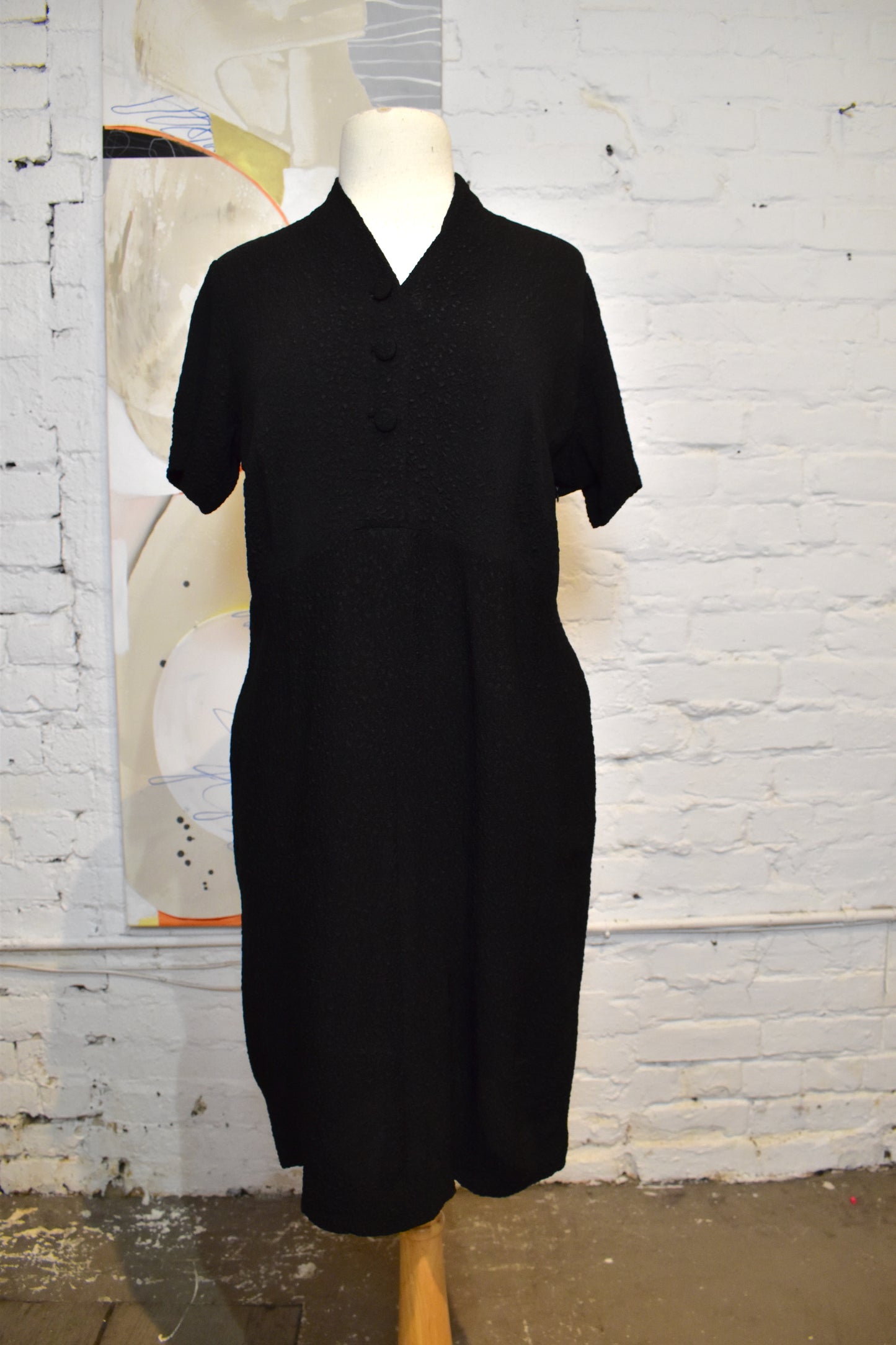 Vintage 1960s Black Crinkle Blouson Day Dress