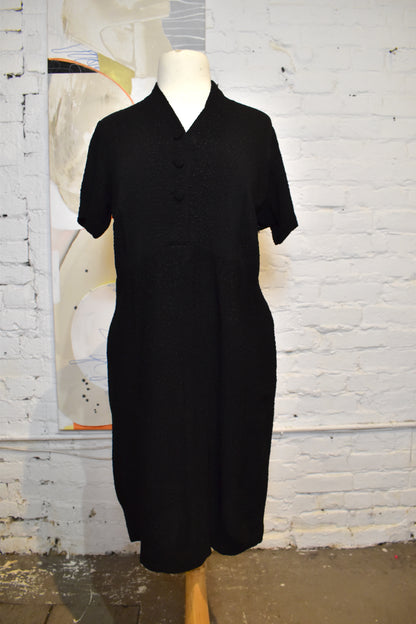 Vintage 1960s Black Crinkle Blouson Day Dress
