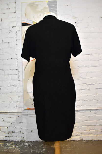 Vintage 1960s Black Crinkle Blouson Day Dress