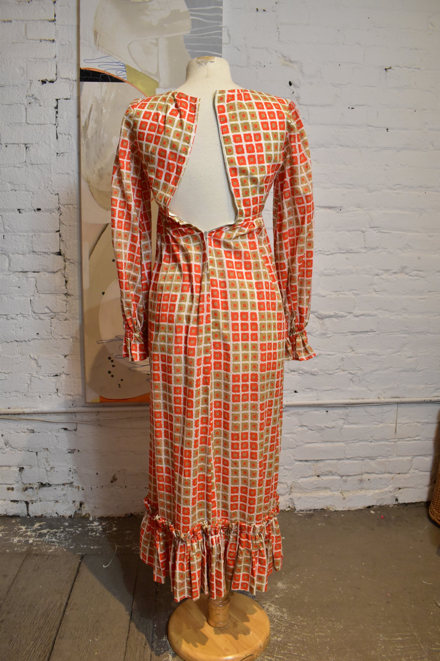 Vintage 1960's Orange and Tan Abstract Maxi Dress
