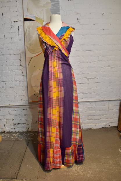 Vintage 1970's Printed Patchwork Maxi Halter Top Dress