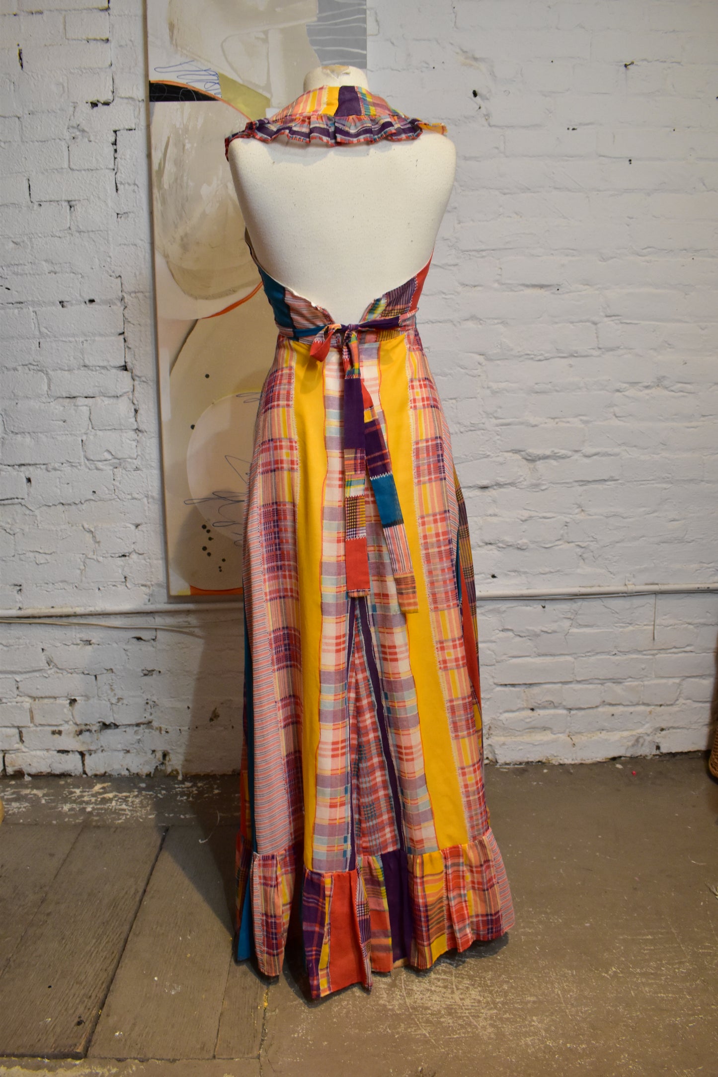 Vintage 1970's Printed Patchwork Maxi Halter Top Dress