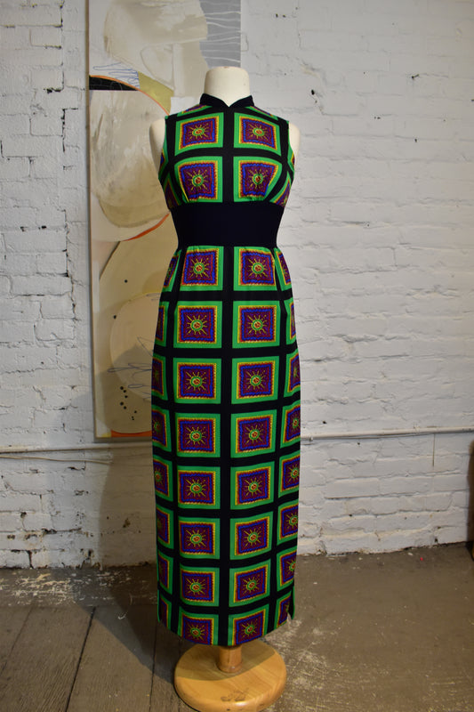 Vintage 1960's Sleeveless Abstract High Slit Maxi Dress
