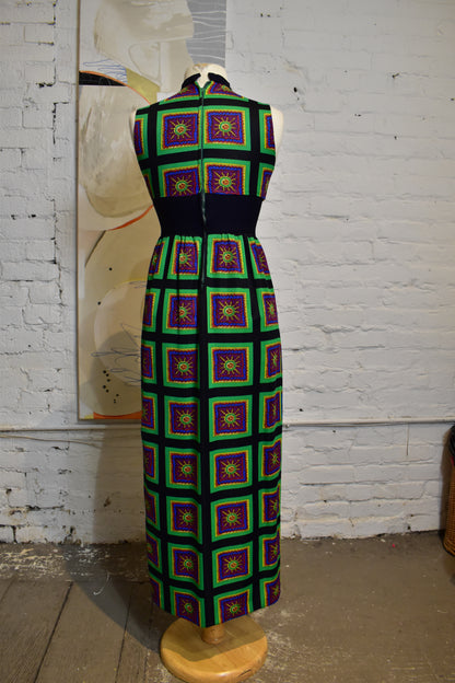Vintage 1960's Sleeveless Abstract High Slit Maxi Dress