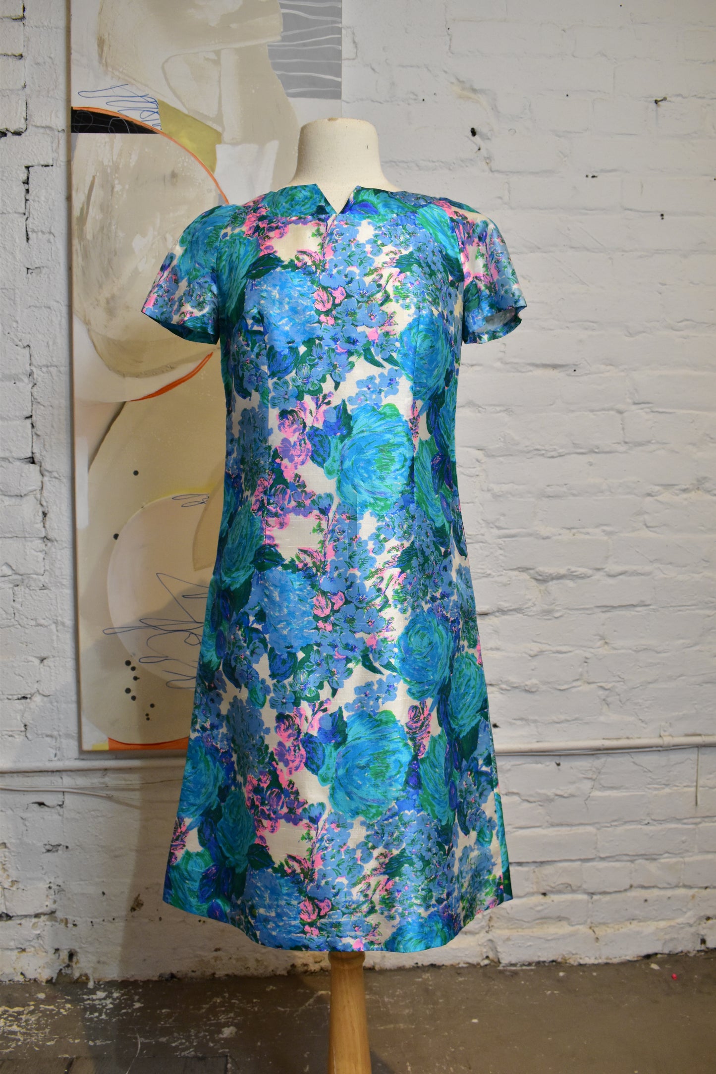 Vintage 1960's Blue and Pink Floral Silk Dress